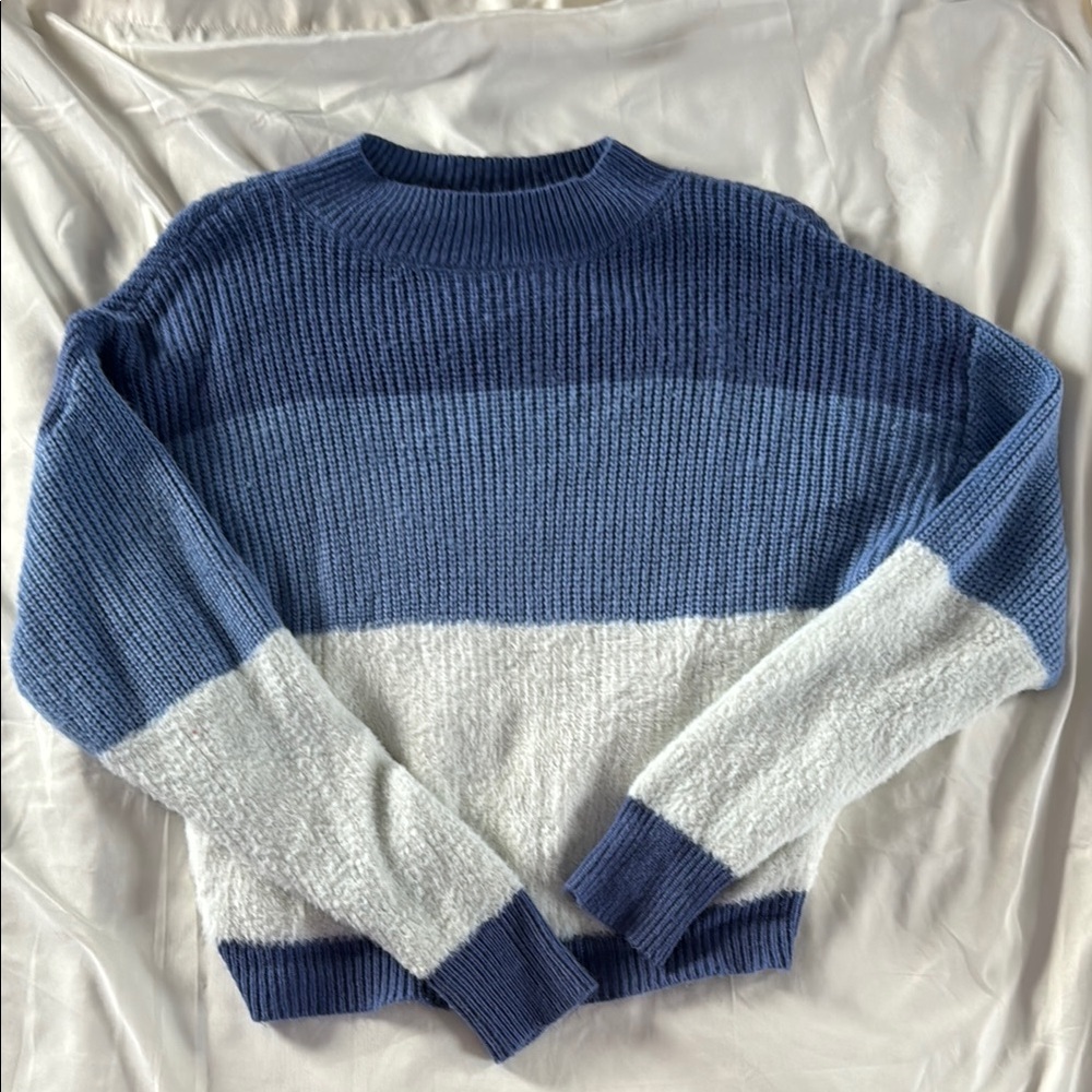 Blue and White Crew Neck Sweater with Ribbed Texture